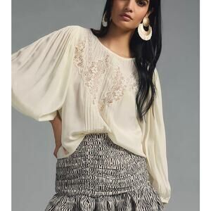 Farm Rio Cream Lace Inset Puff Sleeve Blouse Off White Size Small NEW